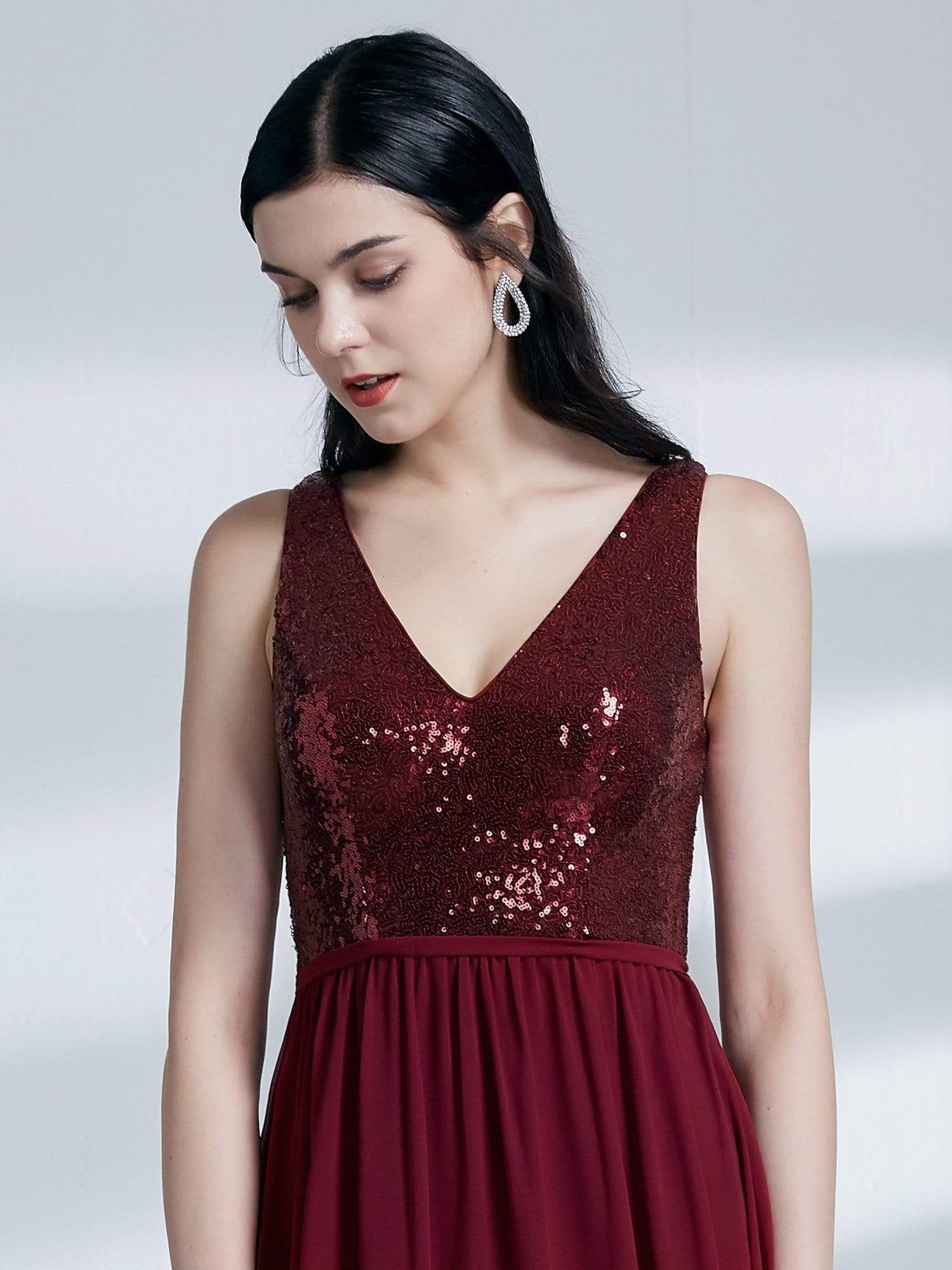 Color=Burgundy | Long Sequin And Chiffon Evening Dress-Burgundy 6
