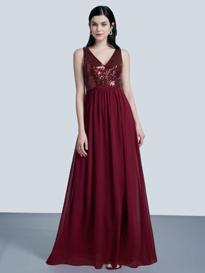 Color=Burgundy | Long Sequin And Chiffon Evening Dress-Burgundy 1