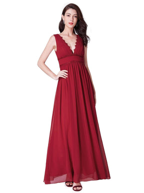 Color=Red | Empire Waist V Neck Long Evening Dress-Red 2