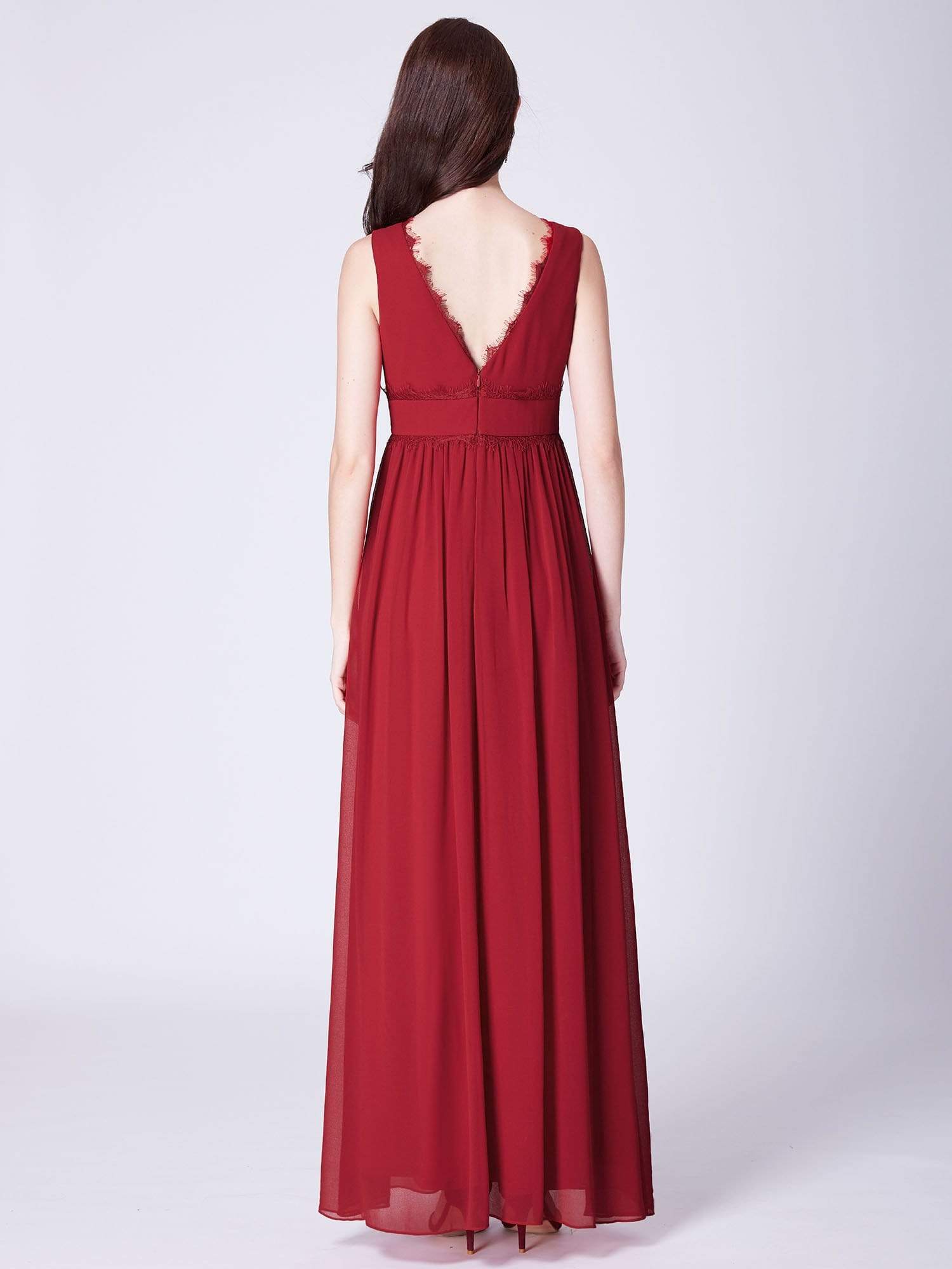 Color=Red | Empire Waist V Neck Long Evening Dress-Red 3