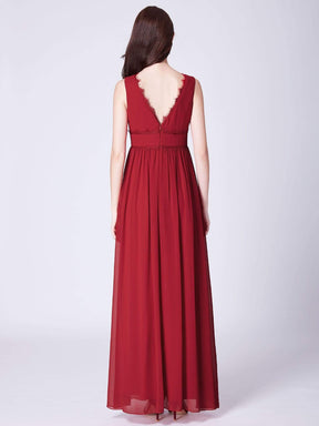 Color=Red | Empire Waist V Neck Long Evening Dress-Red 3
