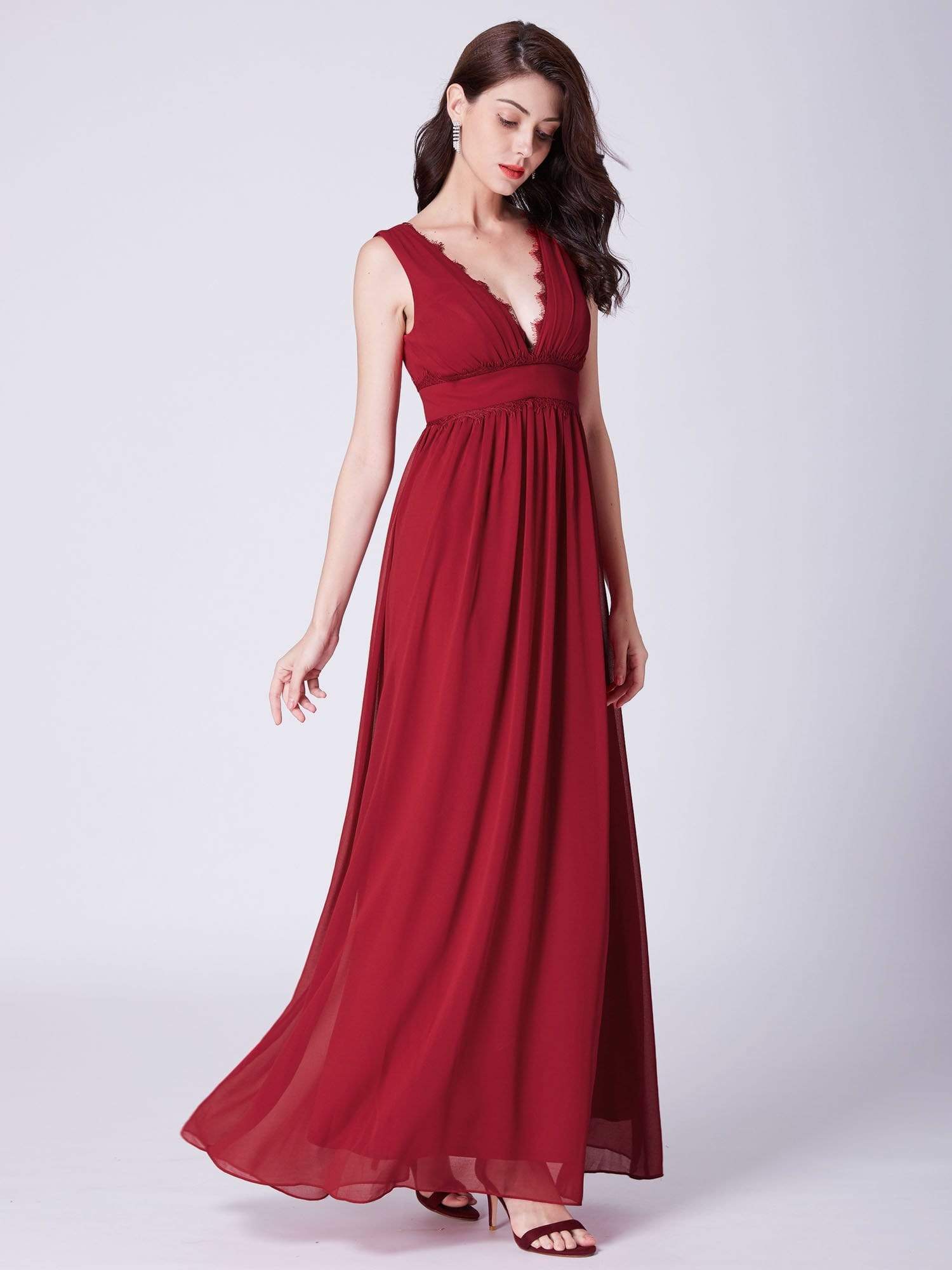 Color=Red | Empire Waist V Neck Long Evening Dress-Red 4
