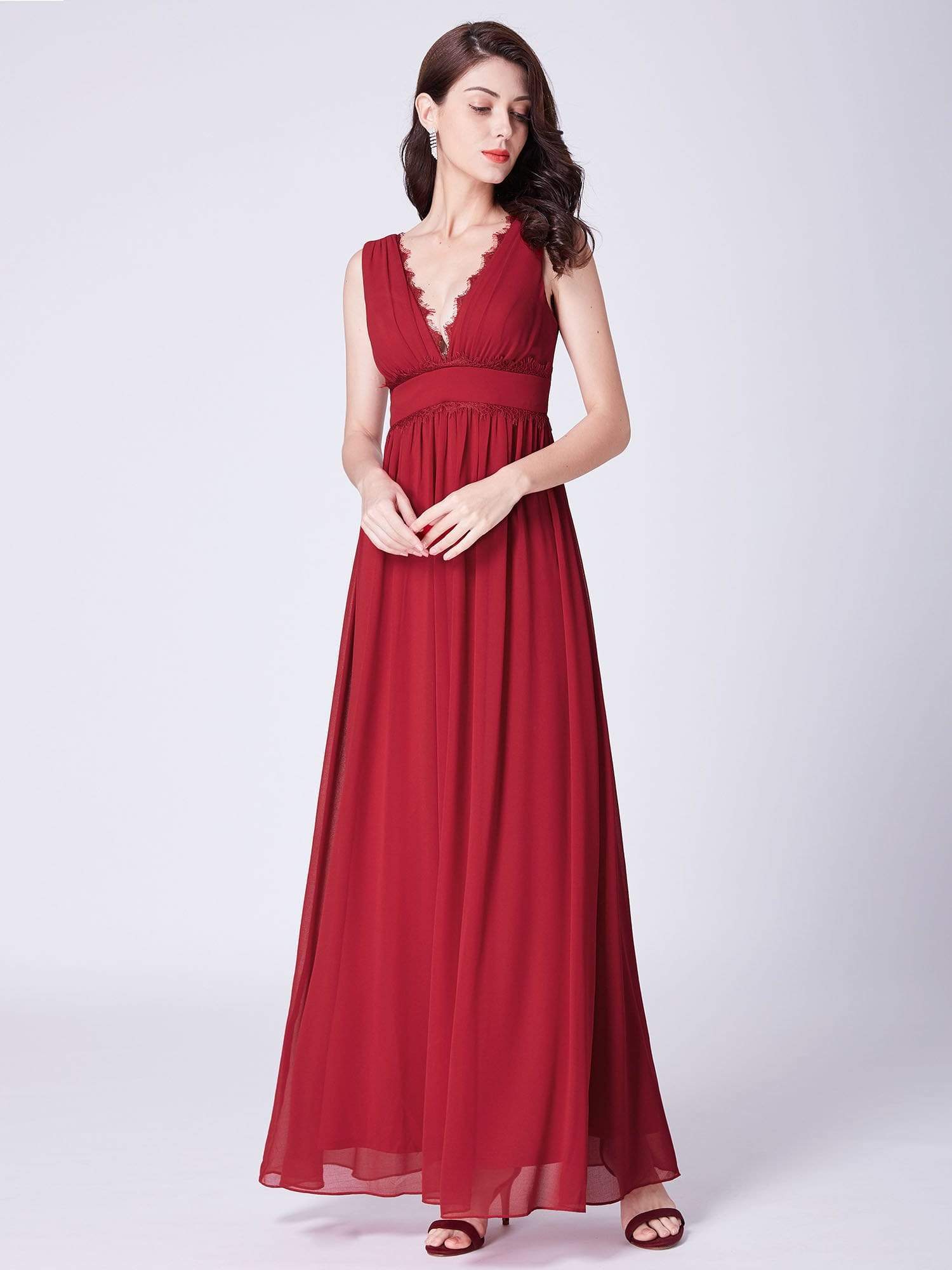Color=Red | Empire Waist V Neck Long Evening Dress-Red 5
