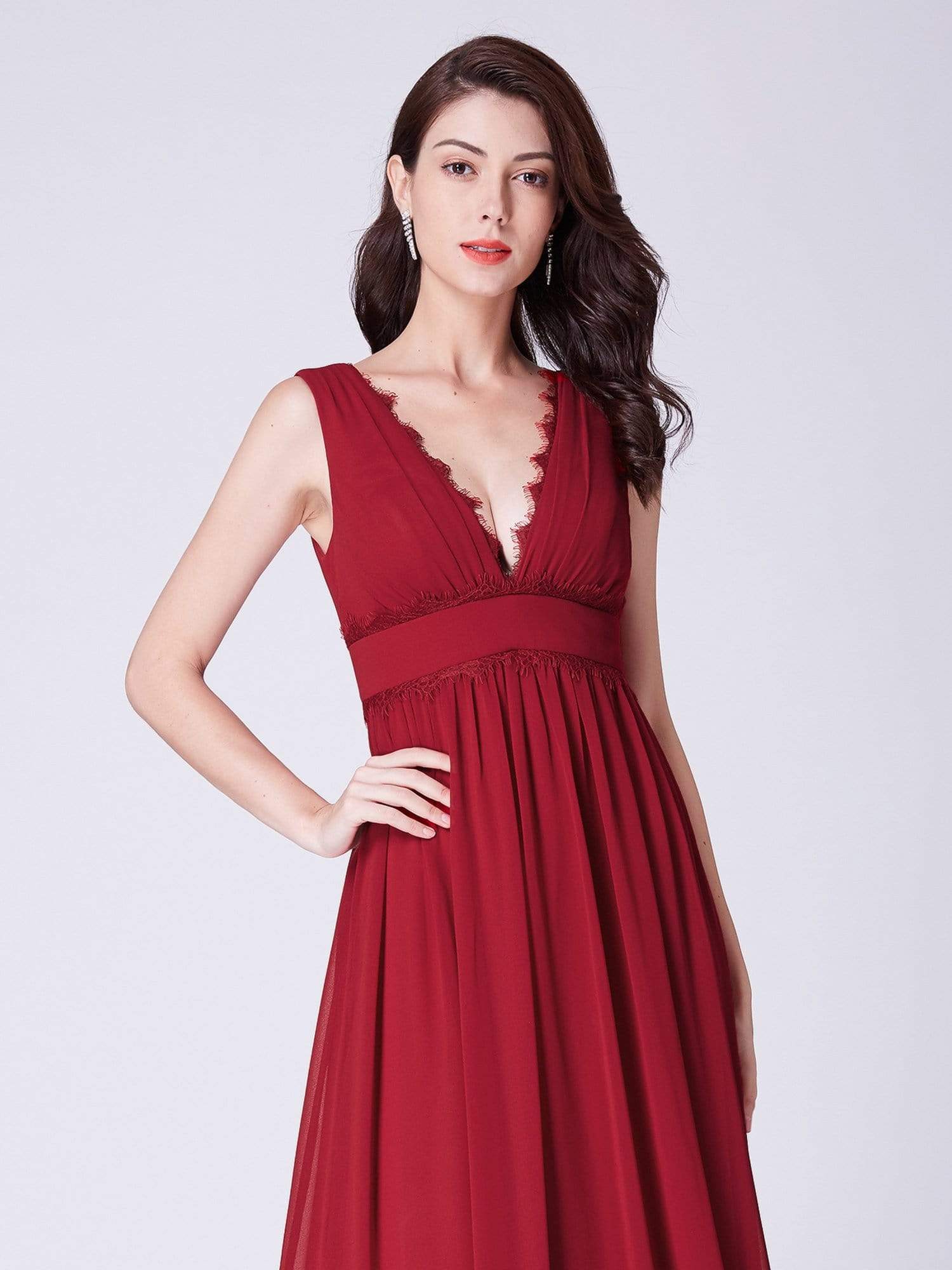 Color=Red | Empire Waist V Neck Long Evening Dress-Red 6