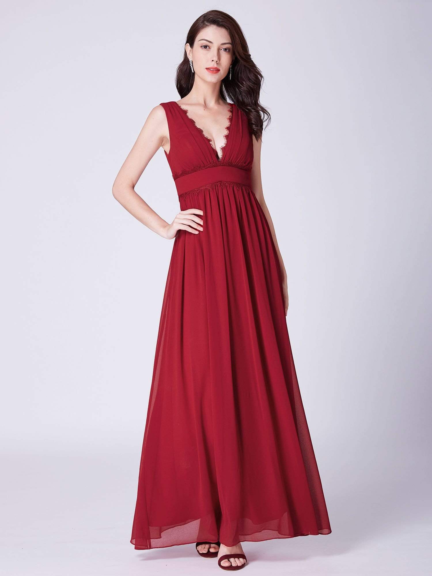 Color=Red | Empire Waist V Neck Long Evening Dress-Red 1
