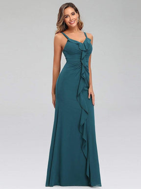 Color=Teal | V Neck Evening Dress With Ruffles-Teal 3