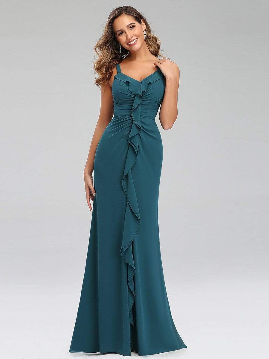 Color=Teal | V Neck Evening Dress With Ruffles-Teal 4