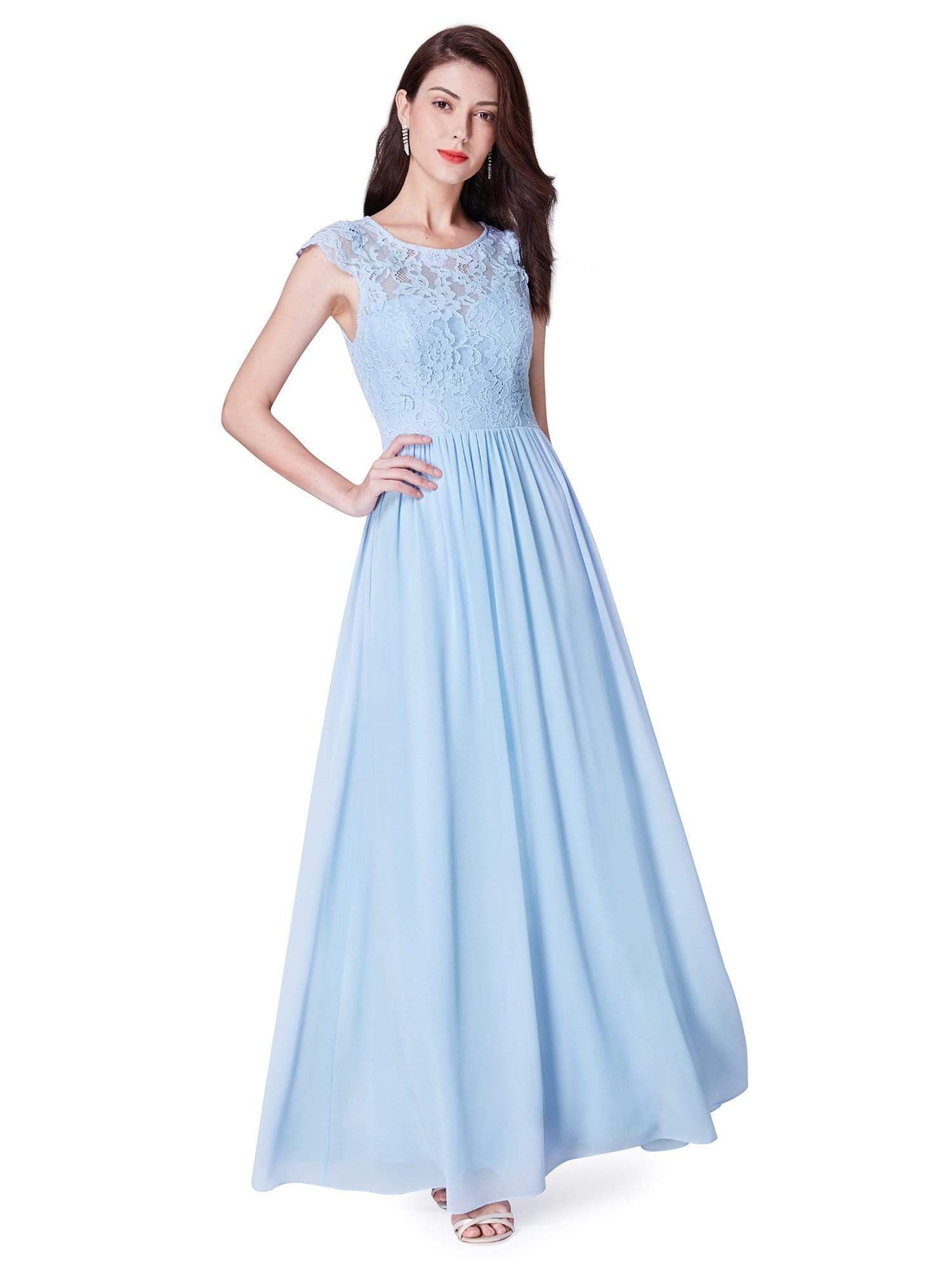 Color=Sky Blue | Long Bridesmaids Dress With Lace Bodice-Sky Blue 2