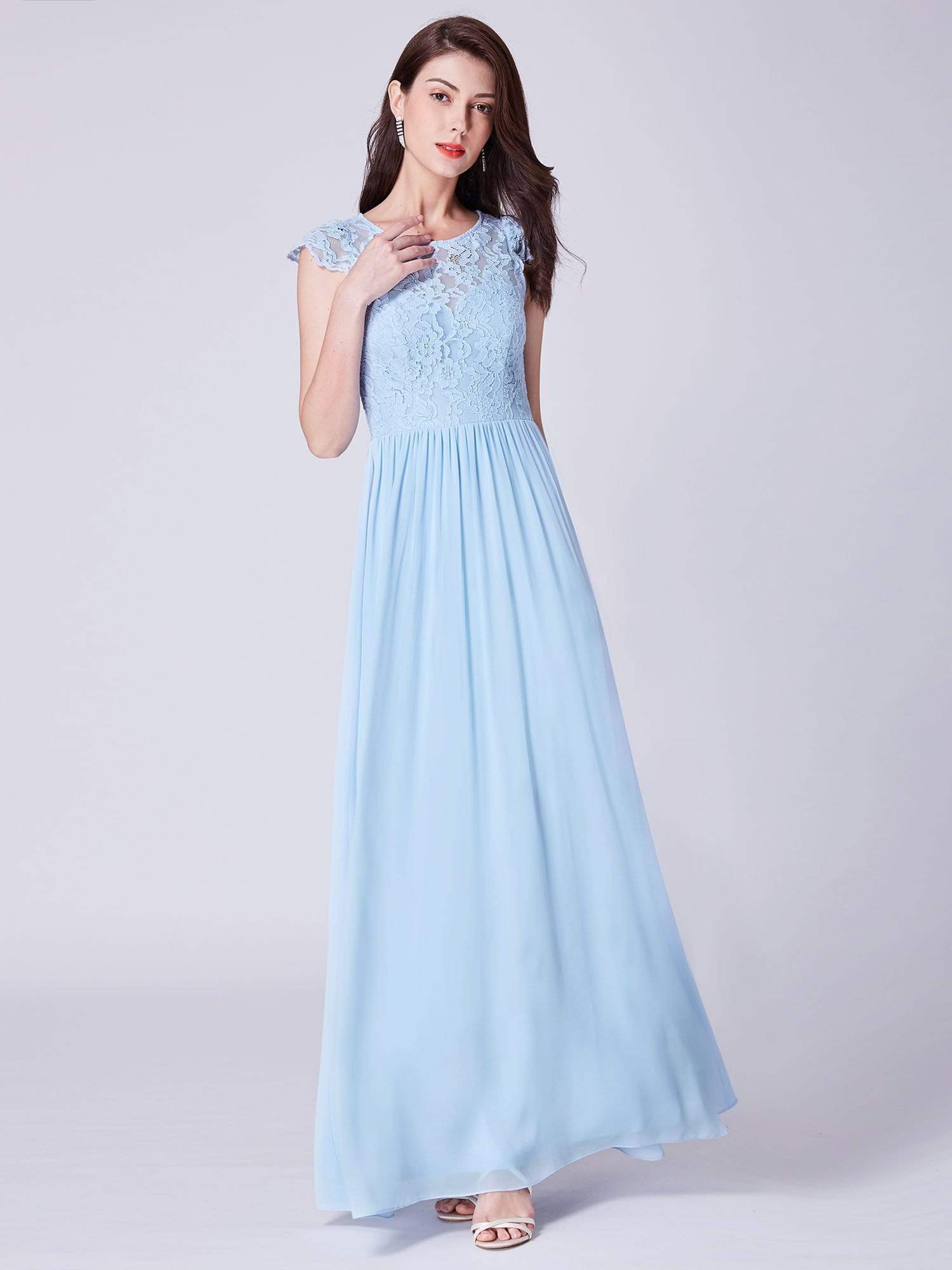 Color=Sky Blue | Long Bridesmaids Dress With Lace Bodice-Sky Blue 5