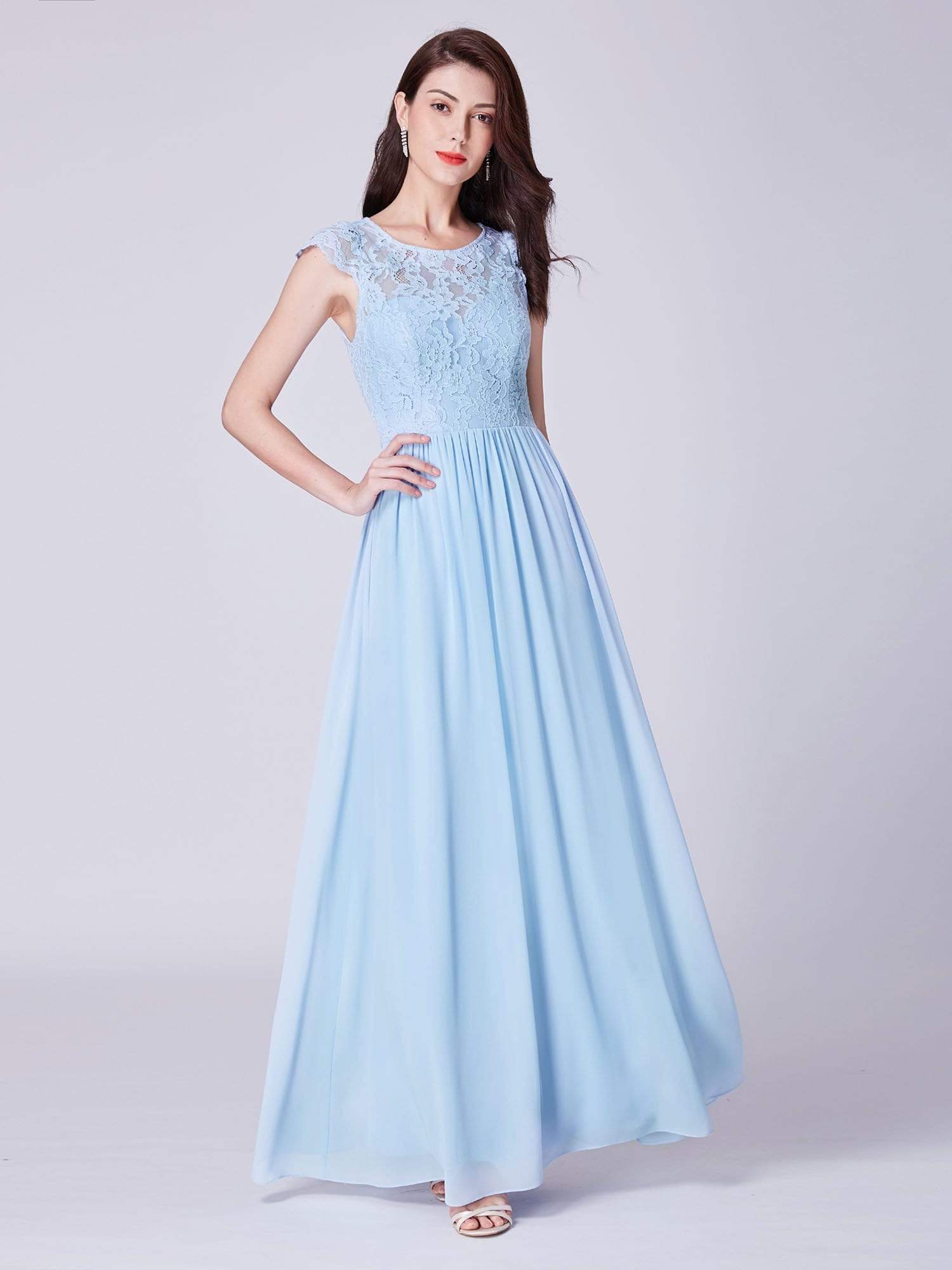 Color=Sky Blue | Long Bridesmaids Dress With Lace Bodice-Sky Blue 1