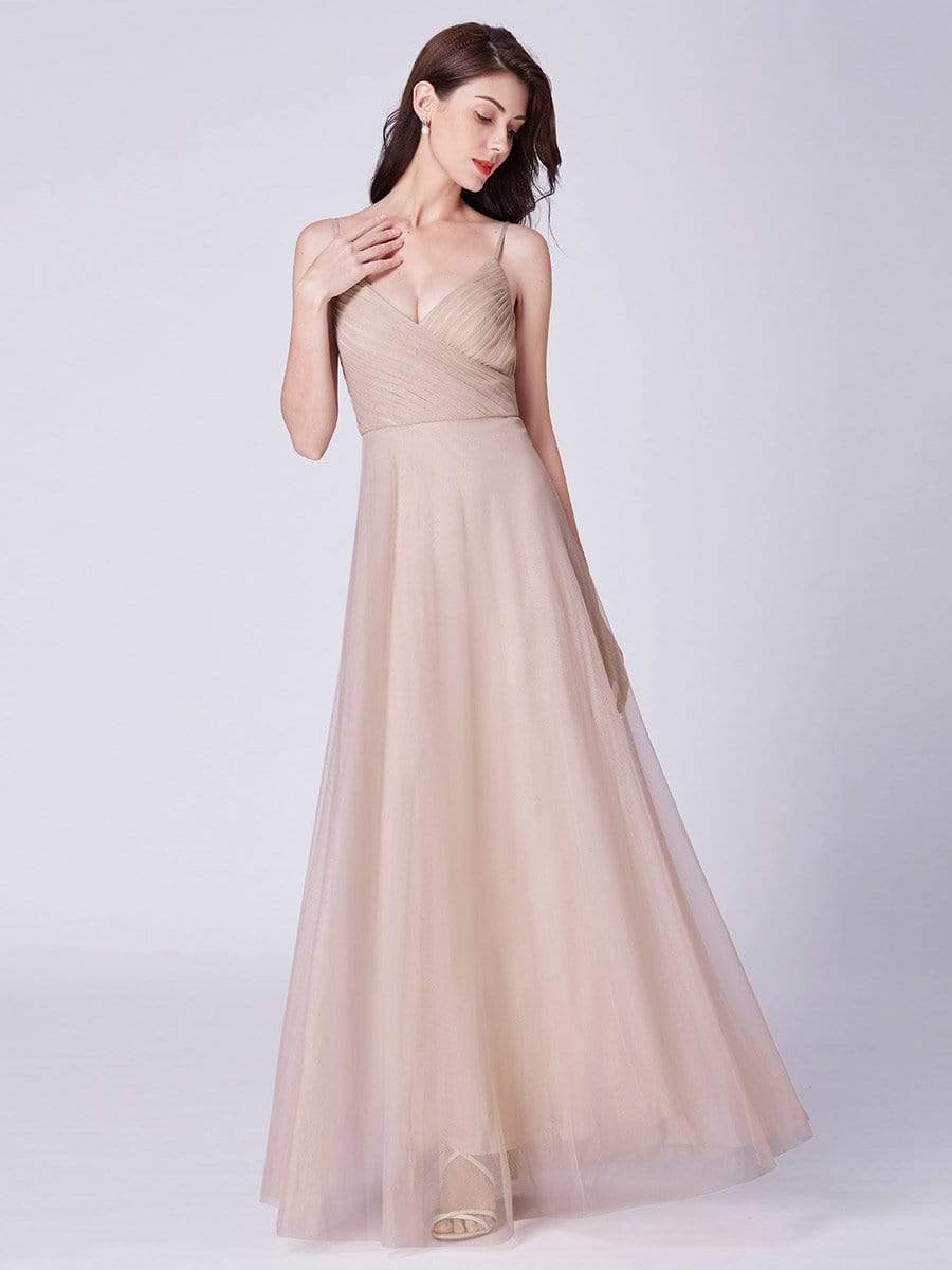 COLOR=Blush | V Neck Spaghetti Strap Long Blush Bridesmaid Dress-Blush 15