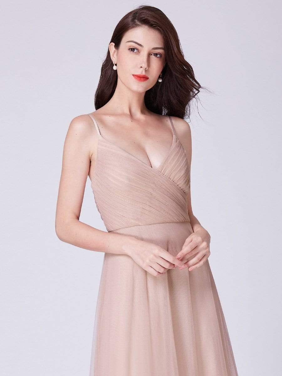 COLOR=Blush | V Neck Spaghetti Strap Long Blush Bridesmaid Dress-Blush 16