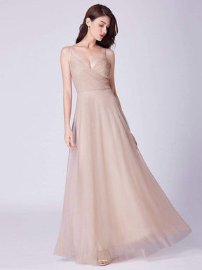 COLOR=Blush | V Neck Spaghetti Strap Long Blush Bridesmaid Dress-Blush 12