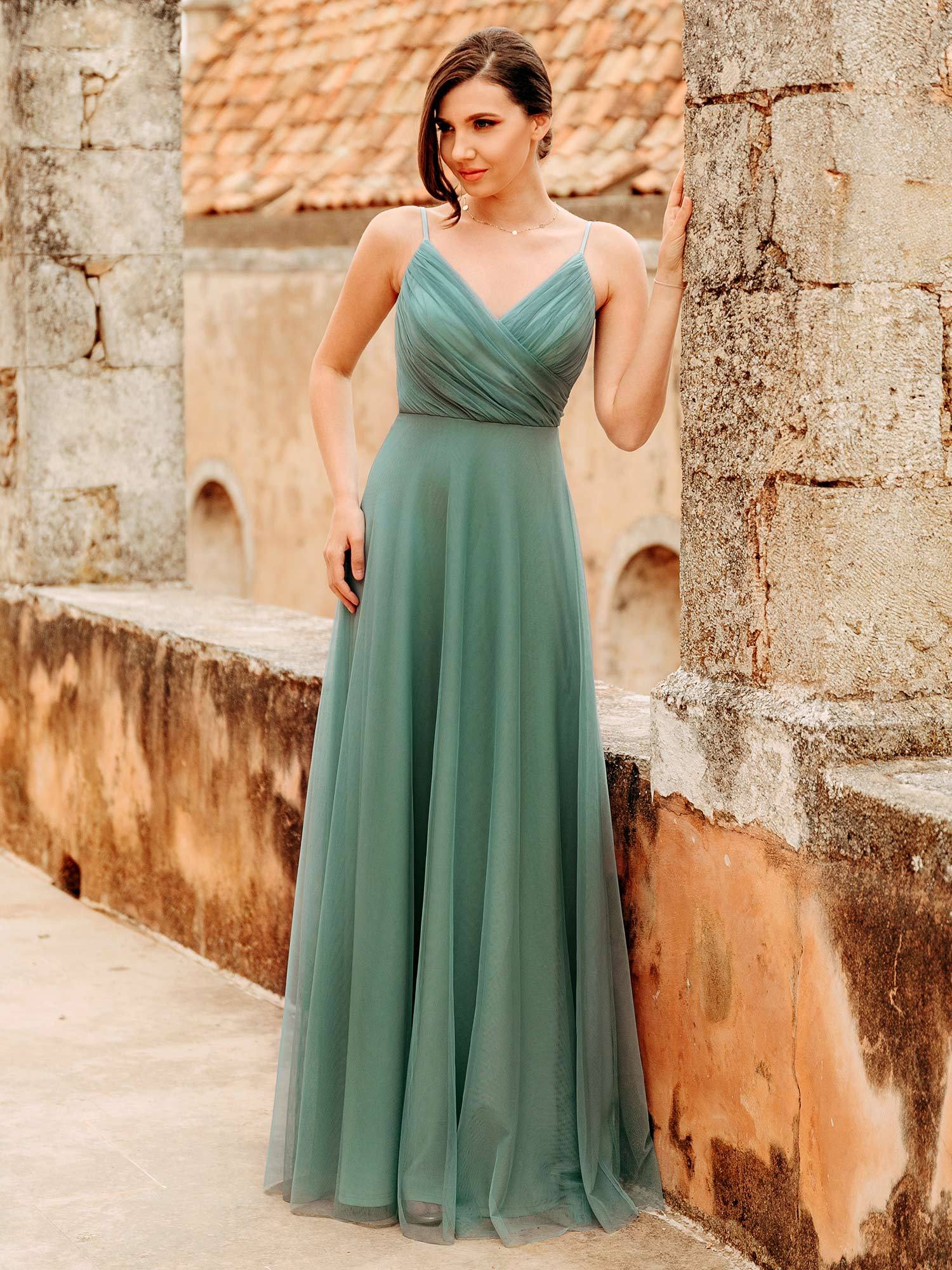 COLOR=Green Bean | V Neck Spaghetti Strap Long Green Bean Bridesmaid Dress-Green Bean 1