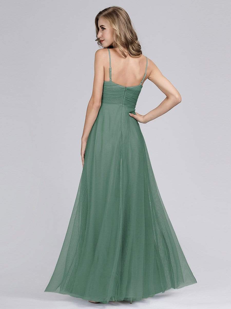 COLOR=Green Bean | V Neck Spaghetti Strap Long Green Bean Bridesmaid Dress-Green Bean 6