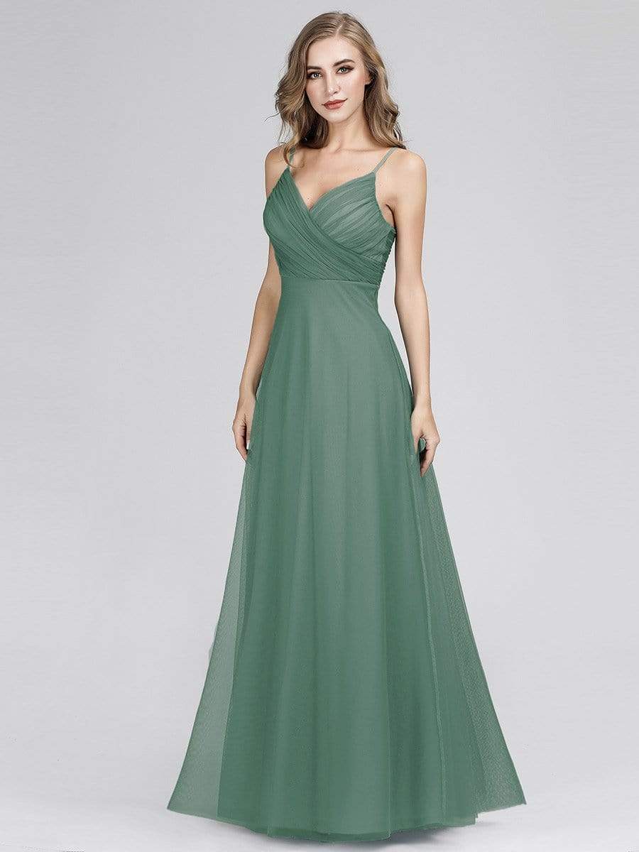 COLOR=Green Bean | V Neck Spaghetti Strap Long Green Bean Bridesmaid Dress-Green Bean 7