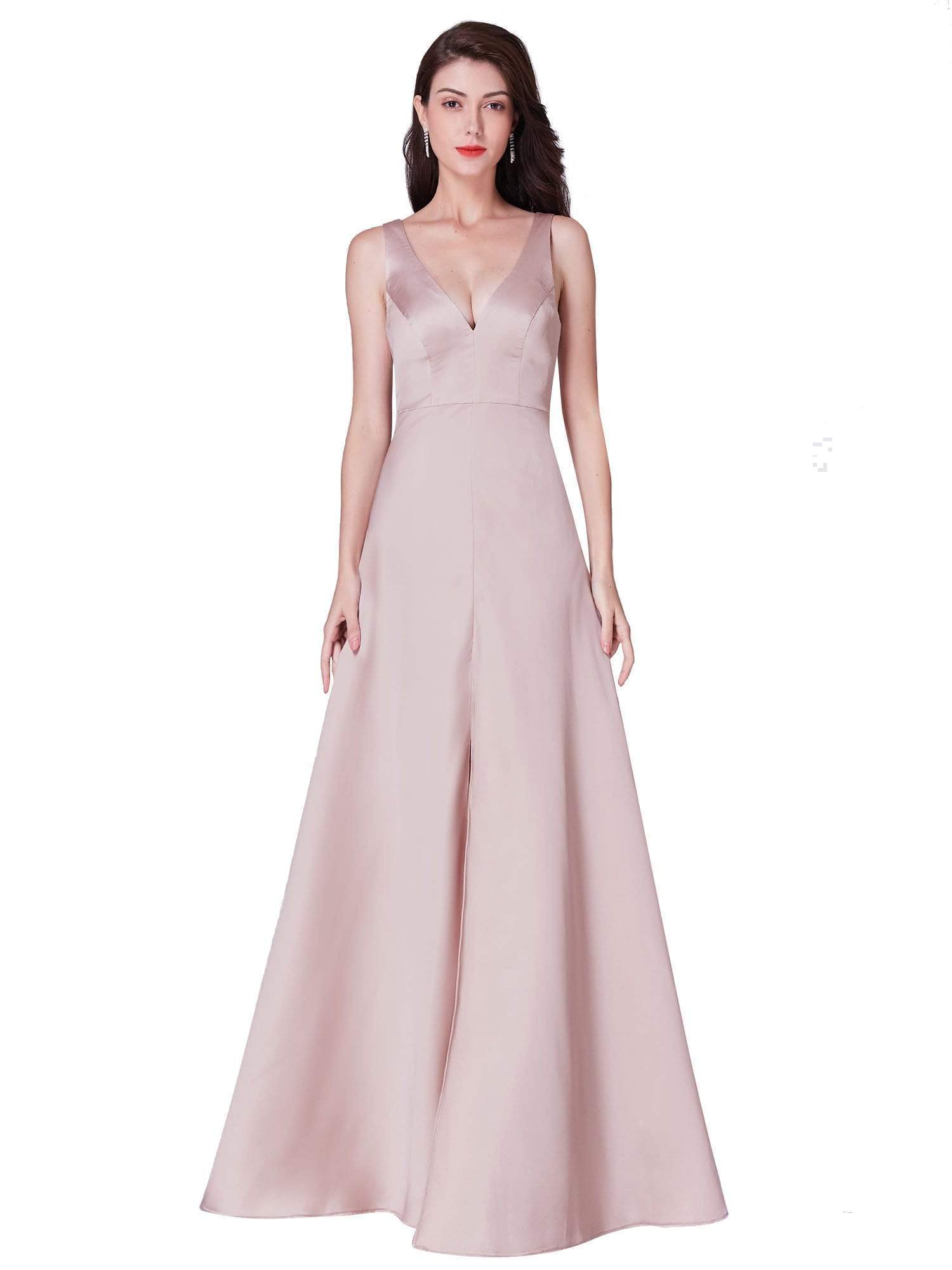 Color=champagne | Long Satin Formal Dress With V Neck-Champagne 2