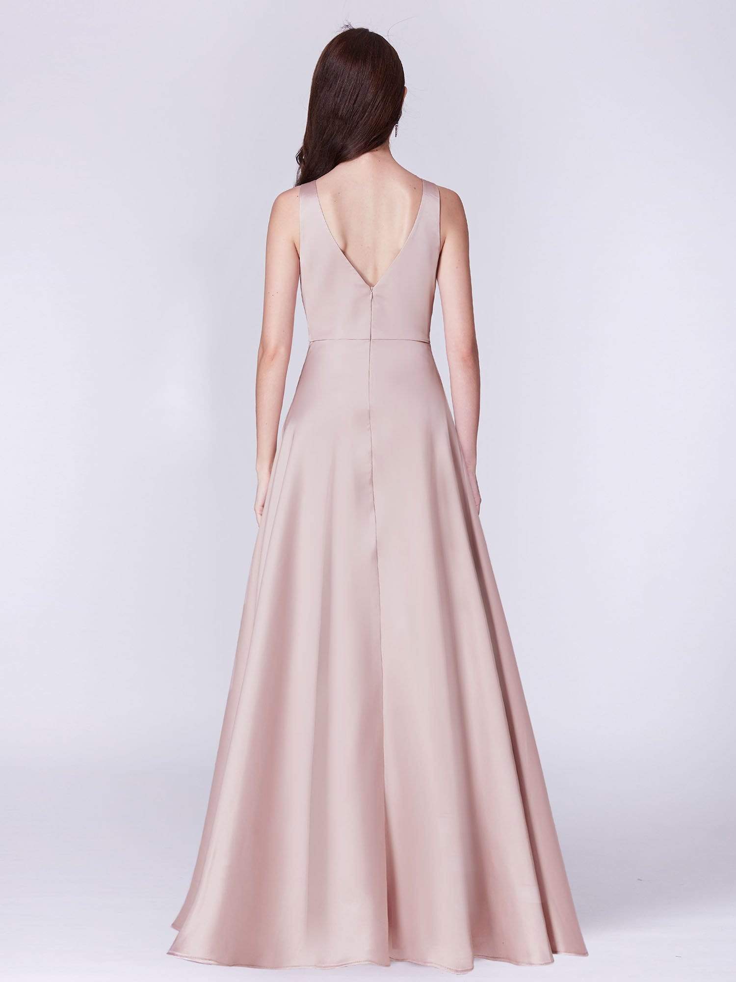 Color=champagne | Long Satin Formal Dress With V Neck-Champagne 3