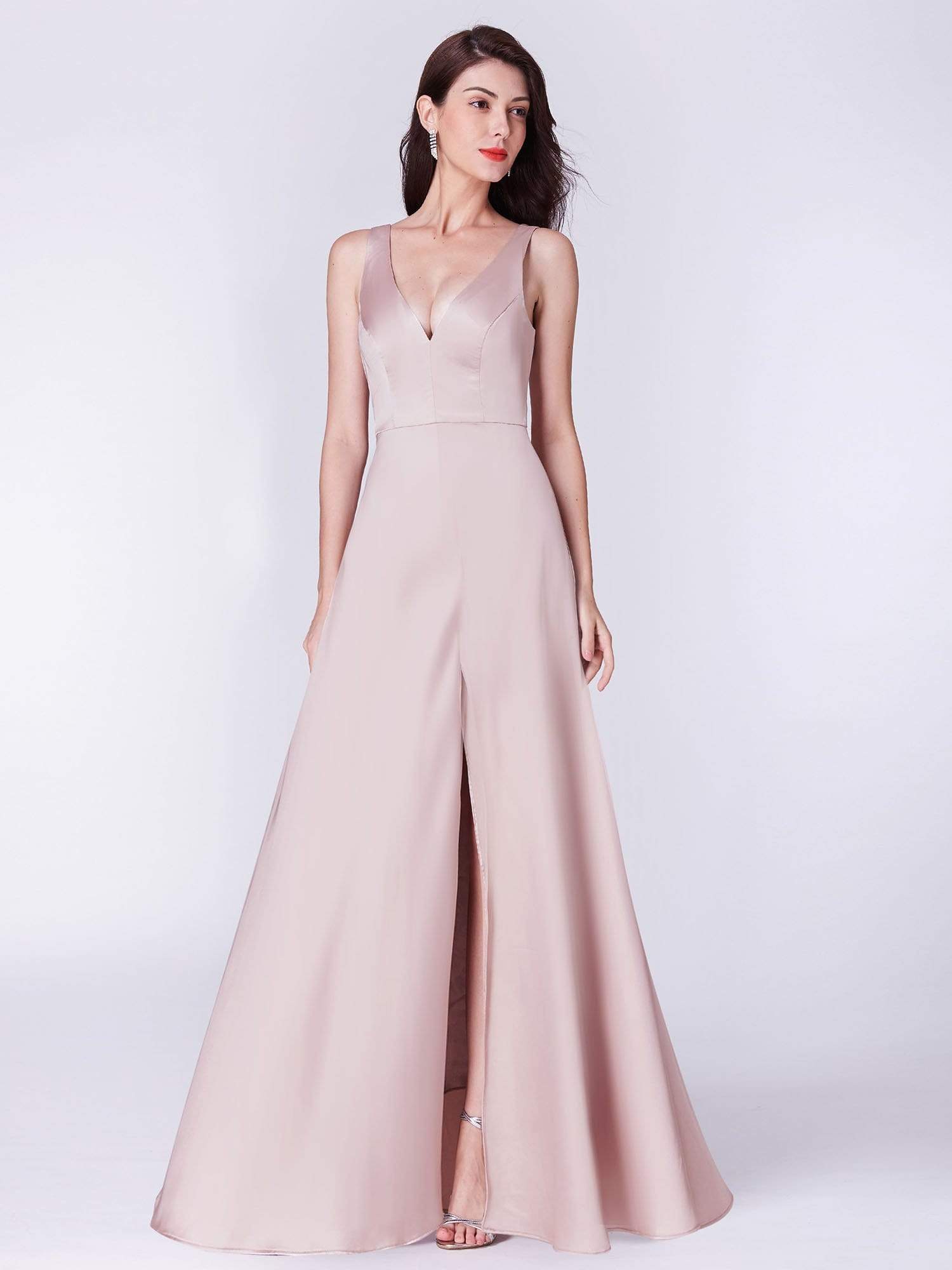 Color=champagne | Long Satin Formal Dress With V Neck-Champagne 4