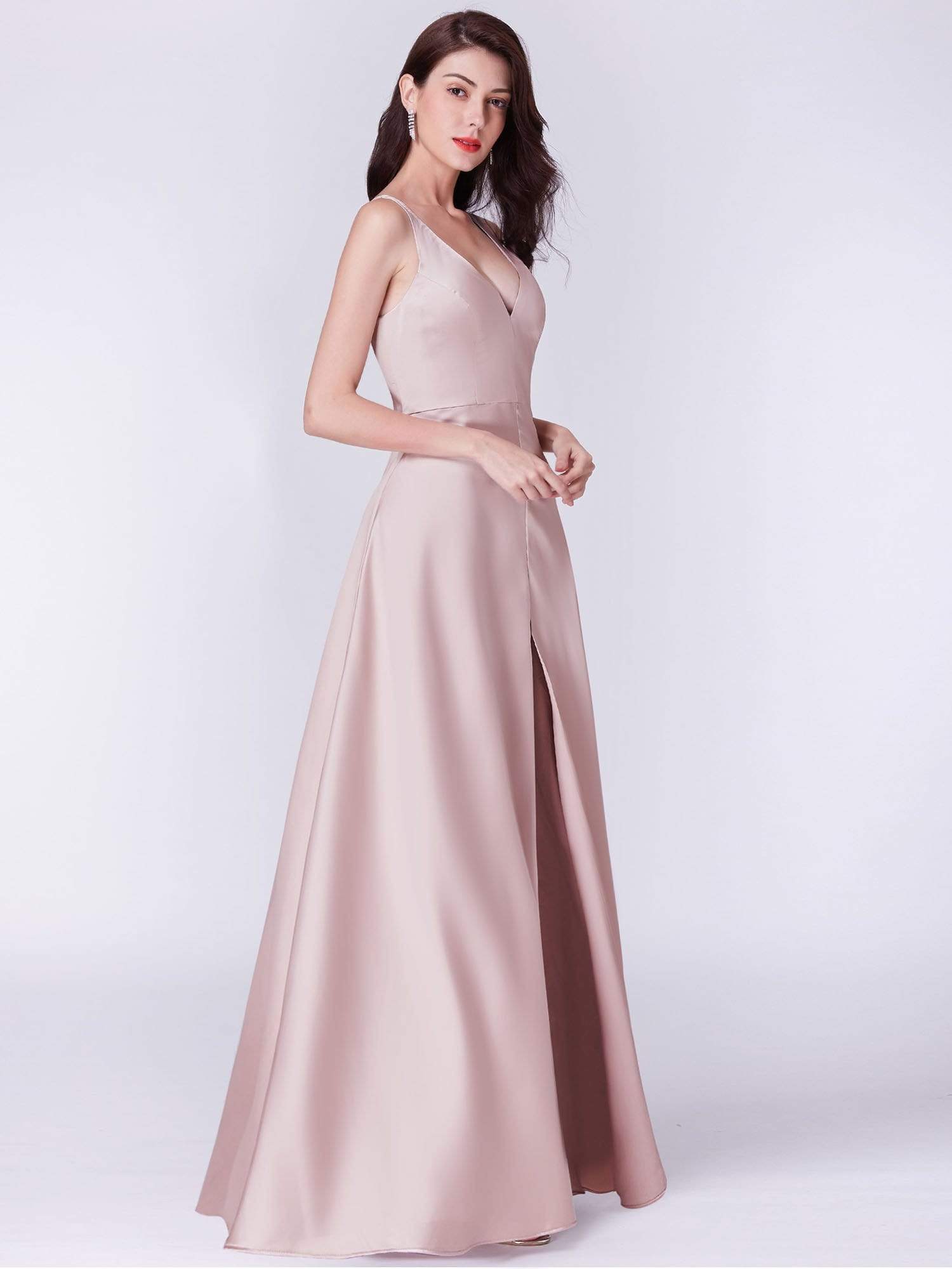 Color=champagne | Long Satin Formal Dress With V Neck-Champagne 5