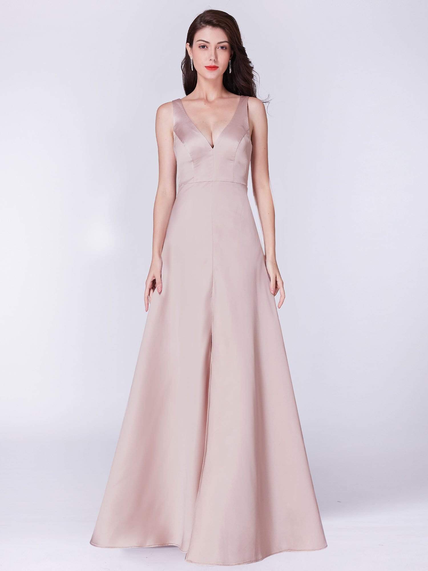 Color=champagne | Long Satin Formal Dress With V Neck-Champagne 1