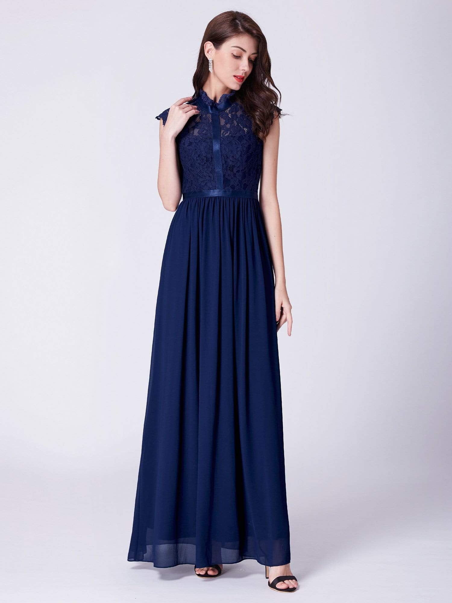 Color=Navy Blue | Long Evening Dress With Lace High Collar Neckline-Navy Blue 4