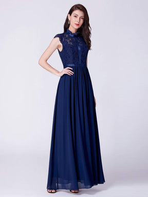 Color=Navy Blue | Long Evening Dress With Lace High Collar Neckline-Navy Blue 5