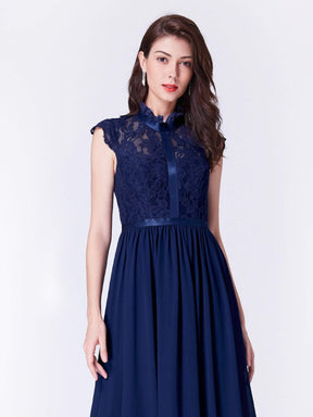 Color=Navy Blue | Long Evening Dress With Lace High Collar Neckline-Navy Blue 6