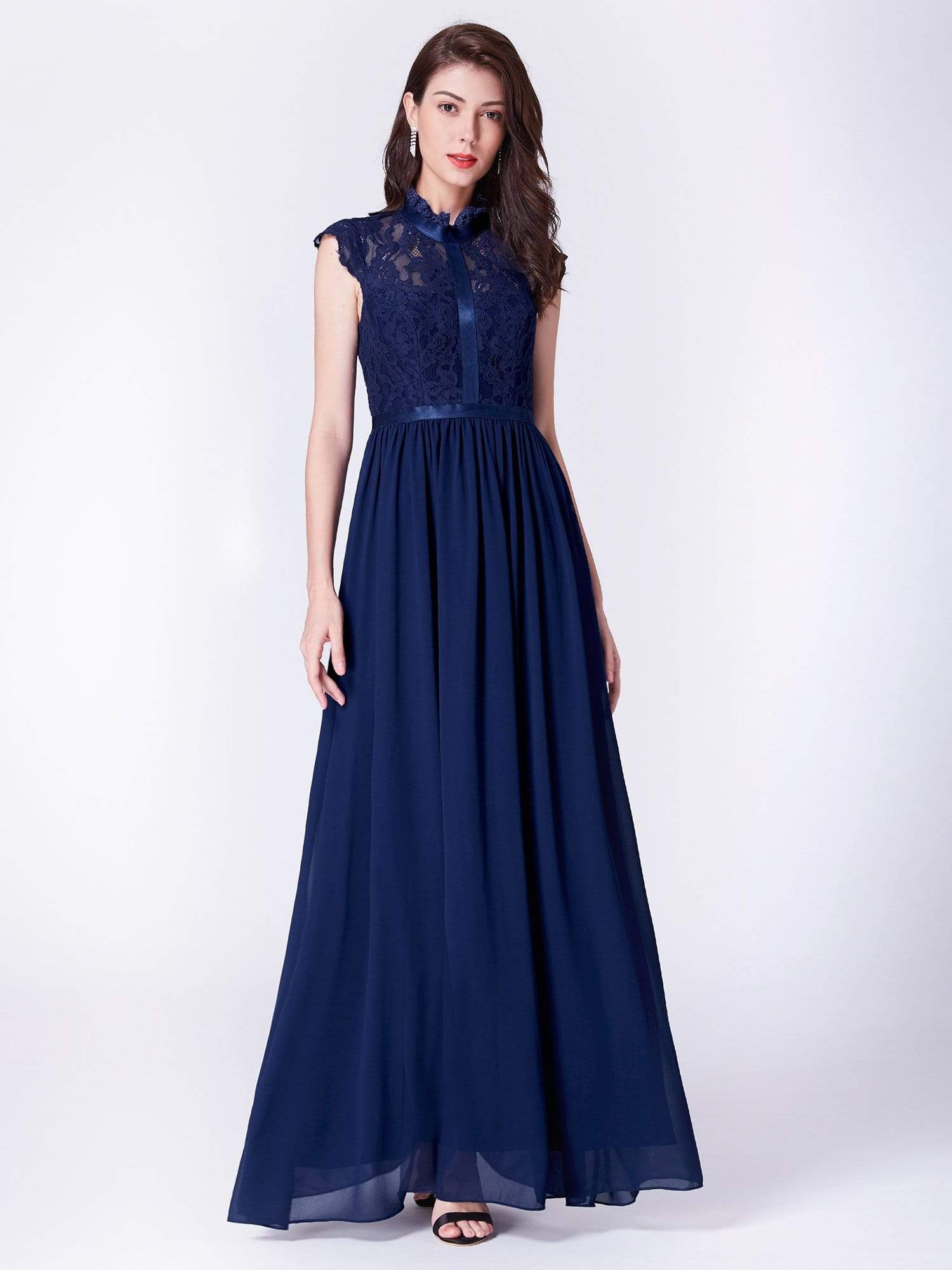 Color=Navy Blue | Long Evening Dress With Lace High Collar Neckline-Navy Blue 1
