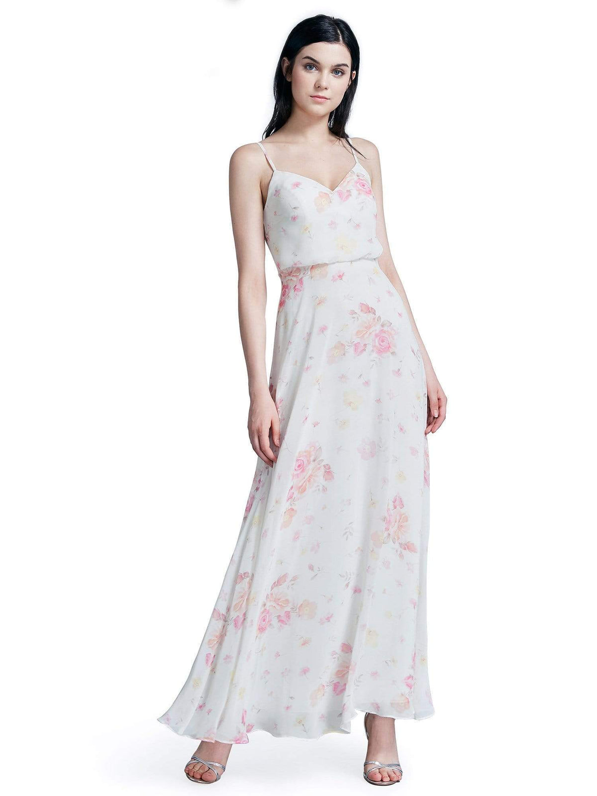 Color=Cream | Long Floral Print Blouson Dress-Cream 2