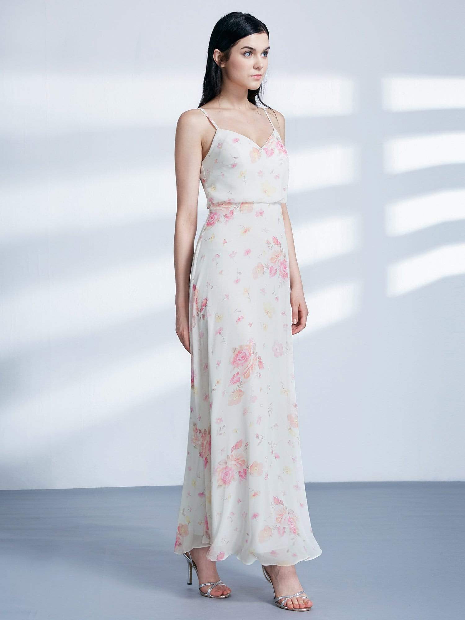 Color=Cream | Long Floral Print Blouson Dress-Cream 5