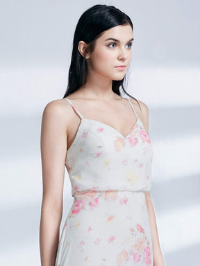 Color=Cream | Long Floral Print Blouson Dress-Cream 6