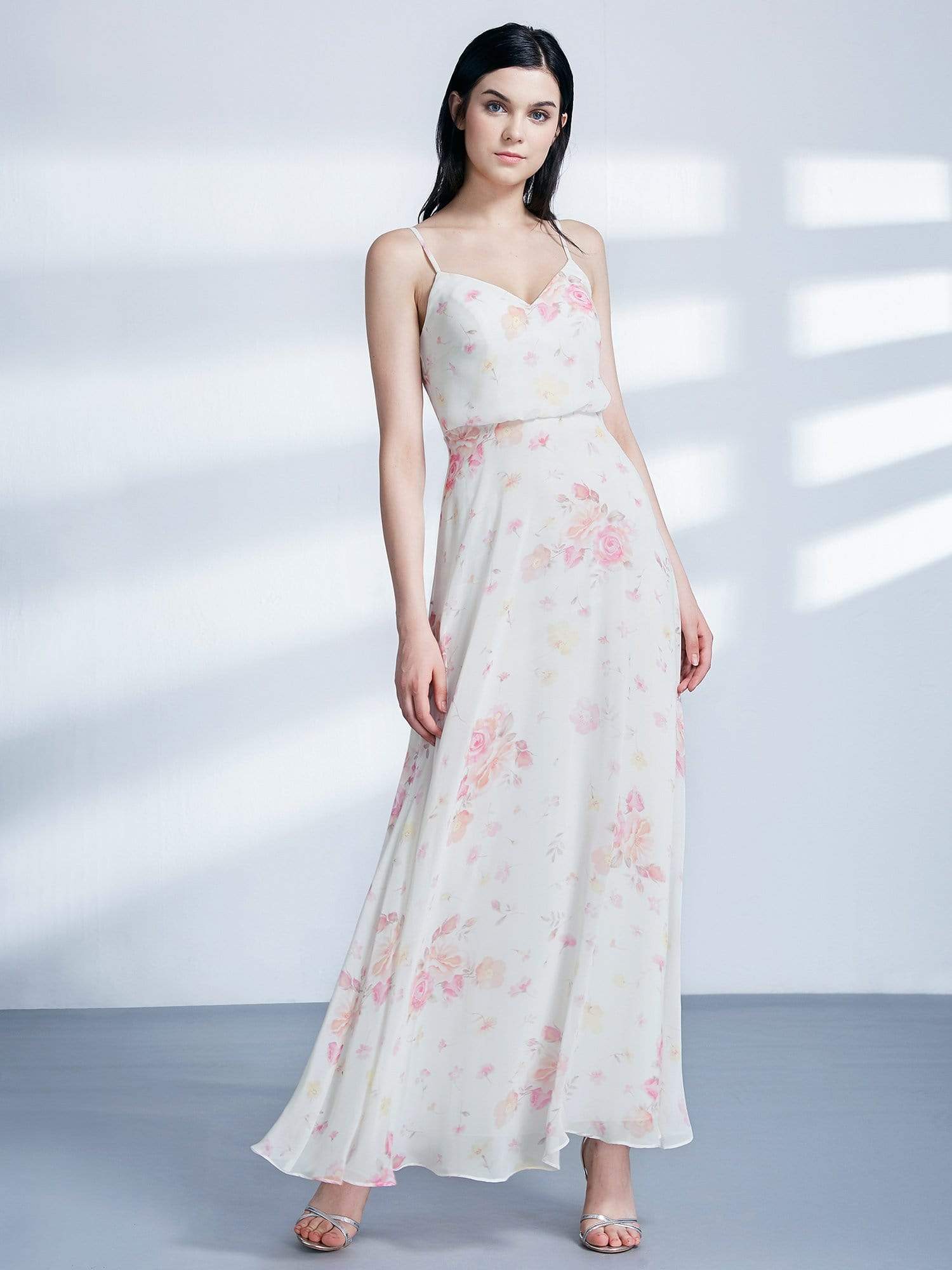 Color=Cream | Long Floral Print Blouson Dress-Cream 1