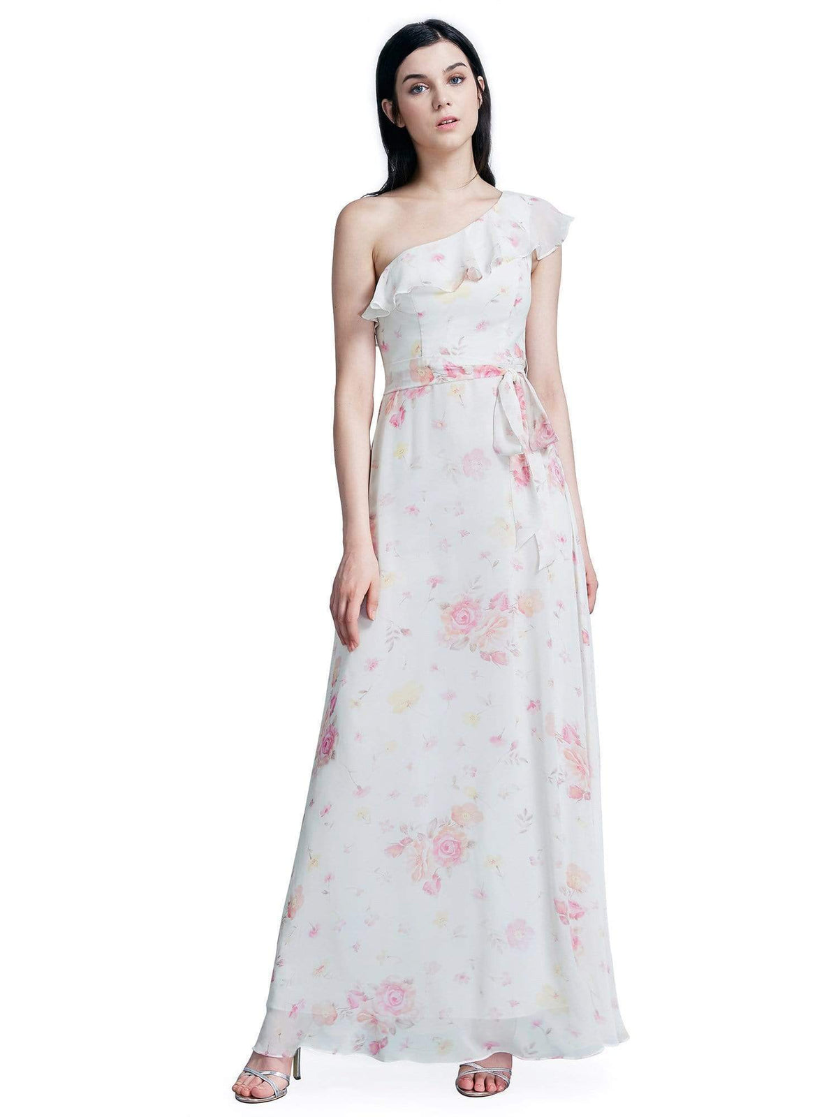 Color=Cream | One Shoulder Long Floral Print Party Dress-Cream 2