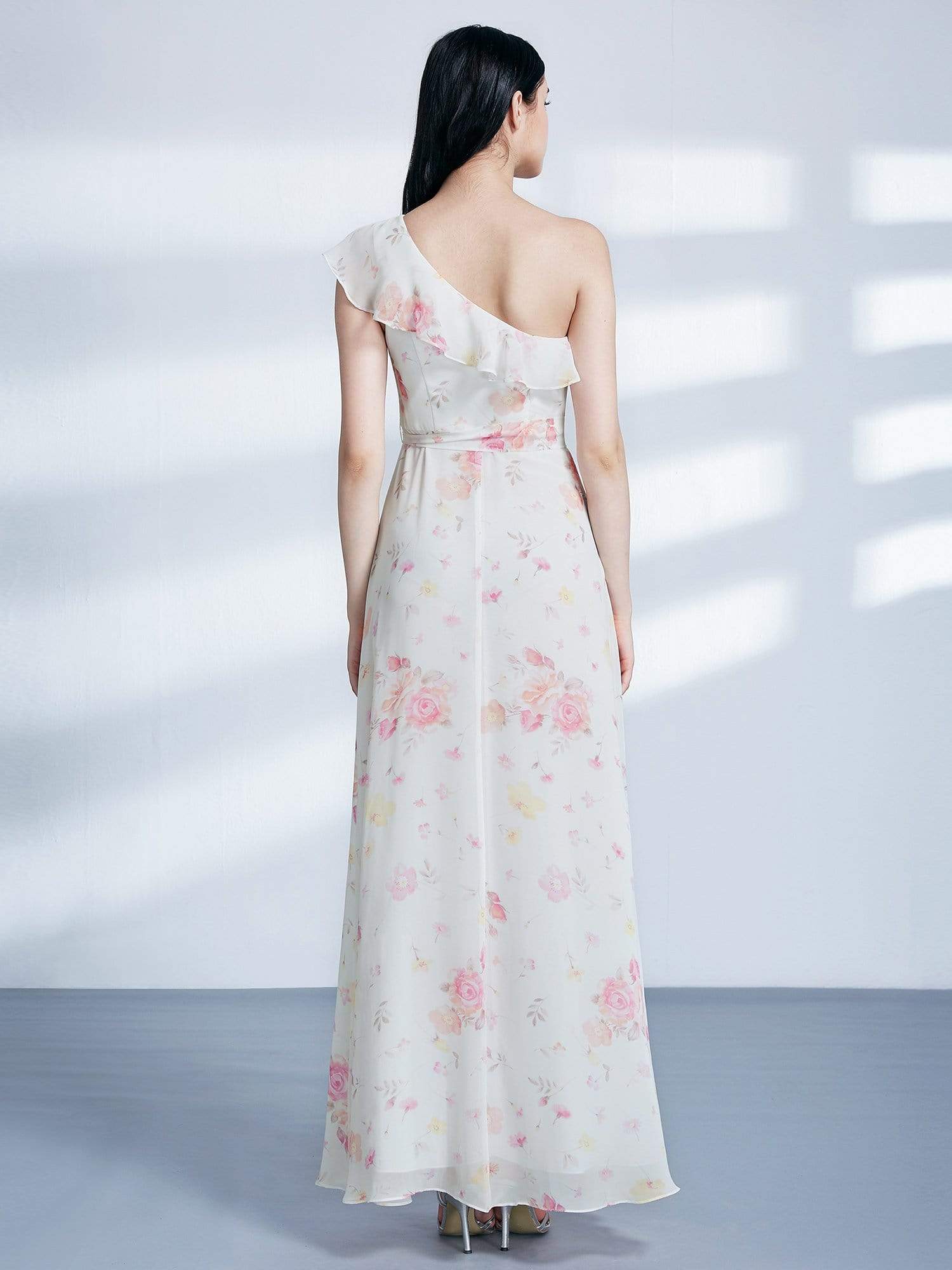 Color=Cream | One Shoulder Long Floral Print Party Dress-Cream 3