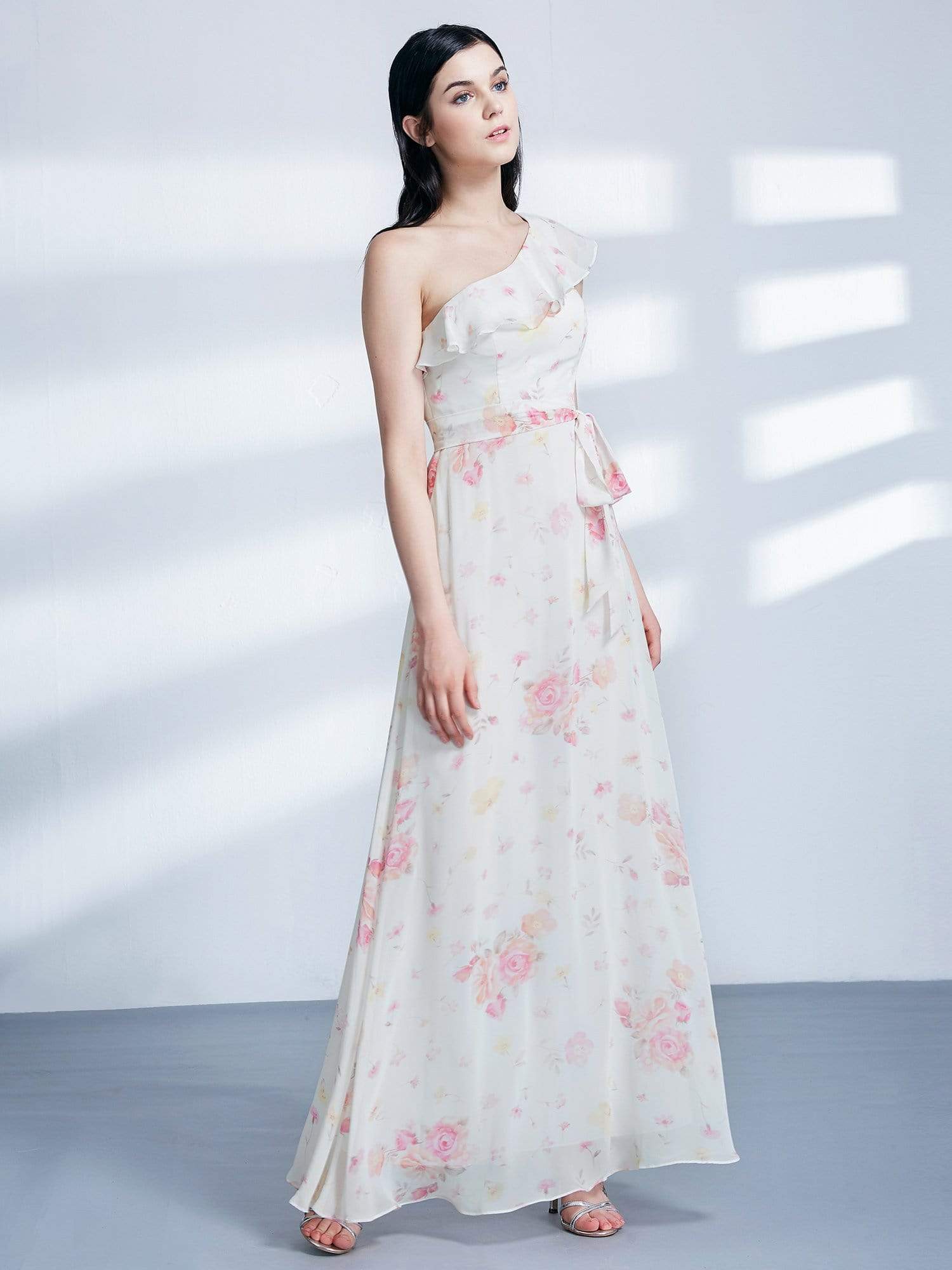 Color=Cream | One Shoulder Long Floral Print Party Dress-Cream 5