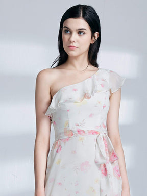 Color=Cream | One Shoulder Long Floral Print Party Dress-Cream 6