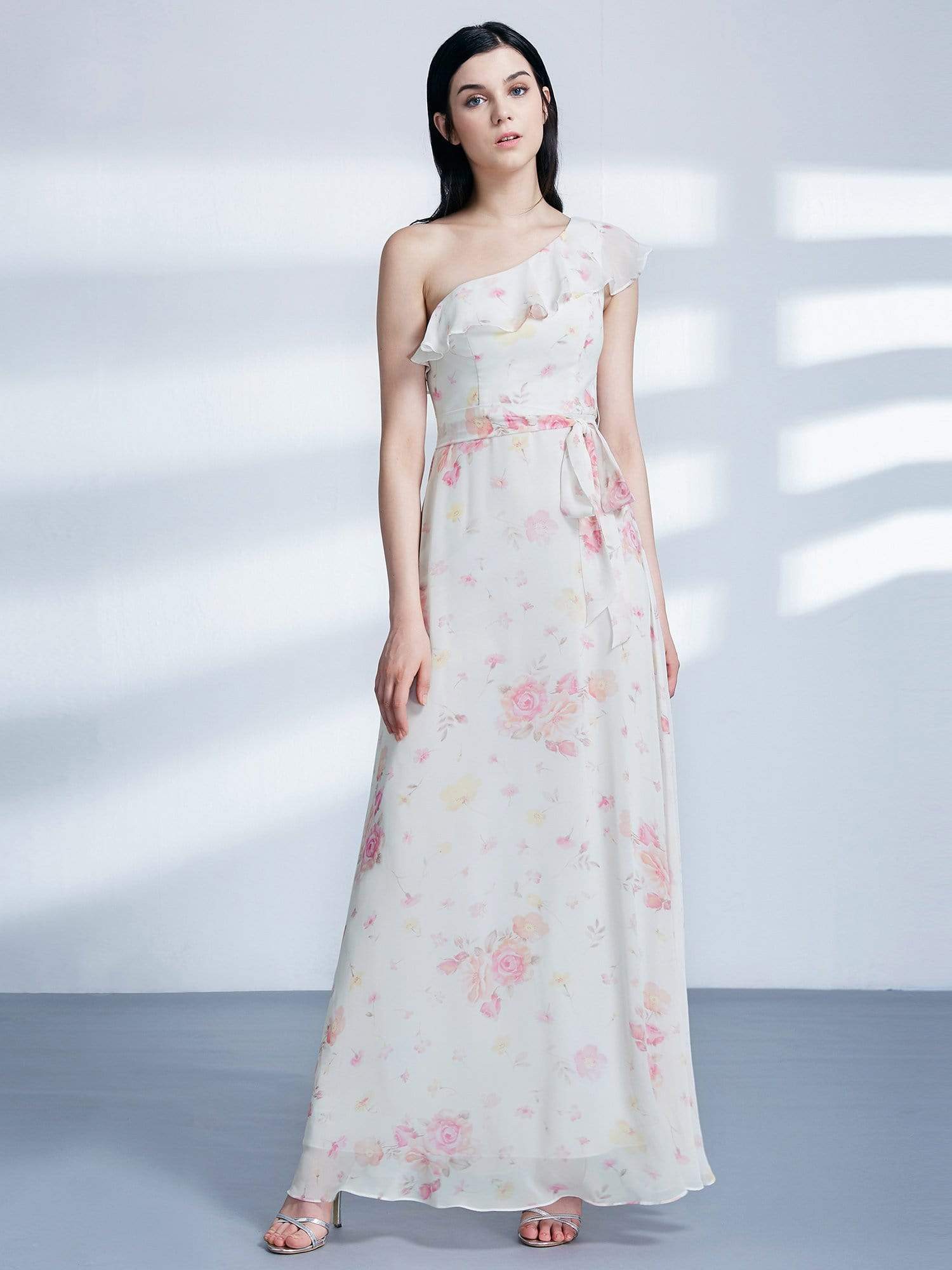 Color=Cream | One Shoulder Long Floral Print Party Dress-Cream 1