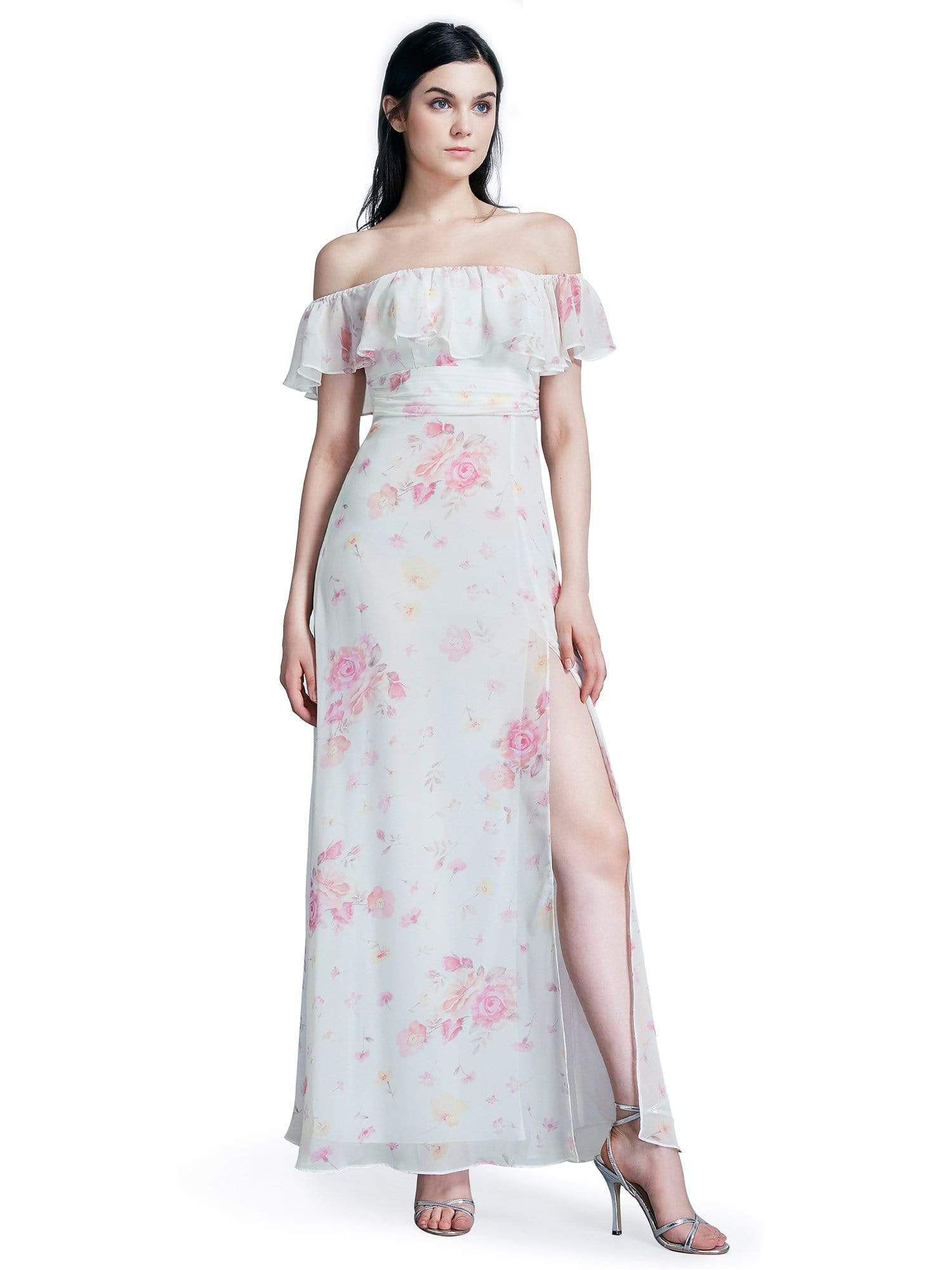Color=Cream | Off Shoulder Floral Print Long Party Dress-Cream 3