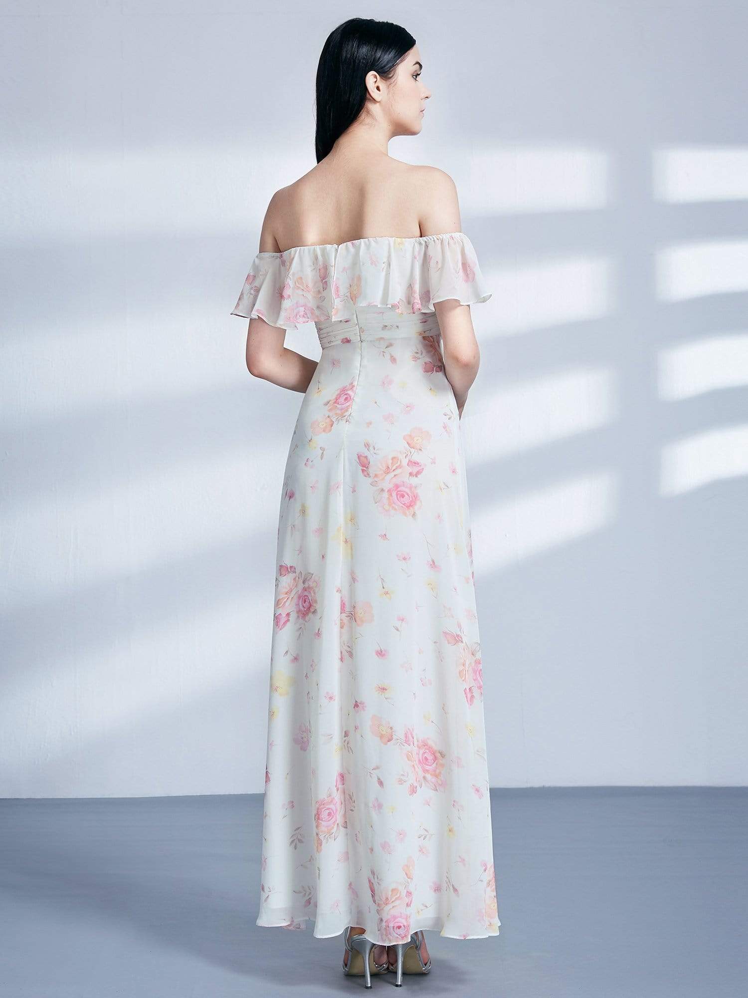 Color=Cream | Off Shoulder Floral Print Long Party Dress-Cream 4