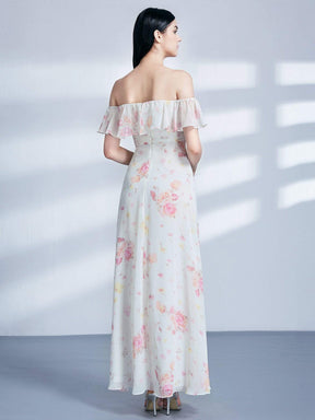 Color=Cream | Off Shoulder Floral Print Long Party Dress-Cream 4