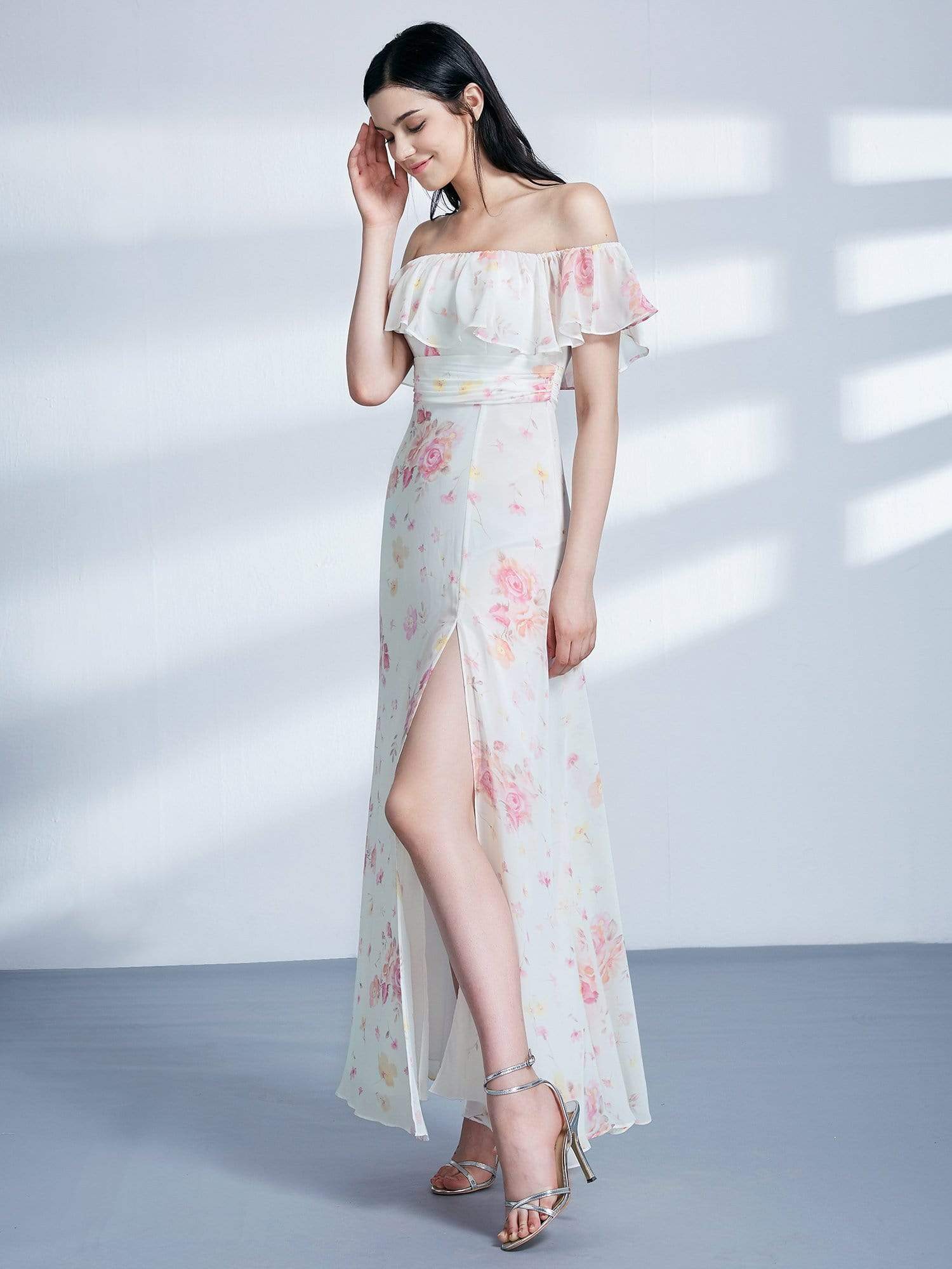 Color=Cream | Off Shoulder Floral Print Long Party Dress-Cream 5