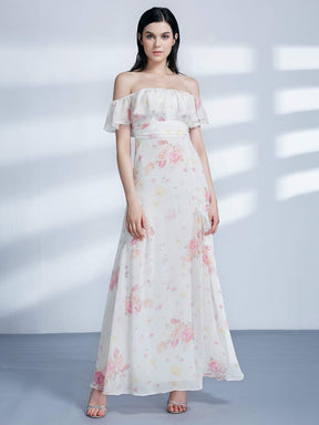 Color=Cream | Off Shoulder Floral Print Long Party Dress-Cream 6
