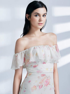 Color=Cream | Off Shoulder Floral Print Long Party Dress-Cream 7