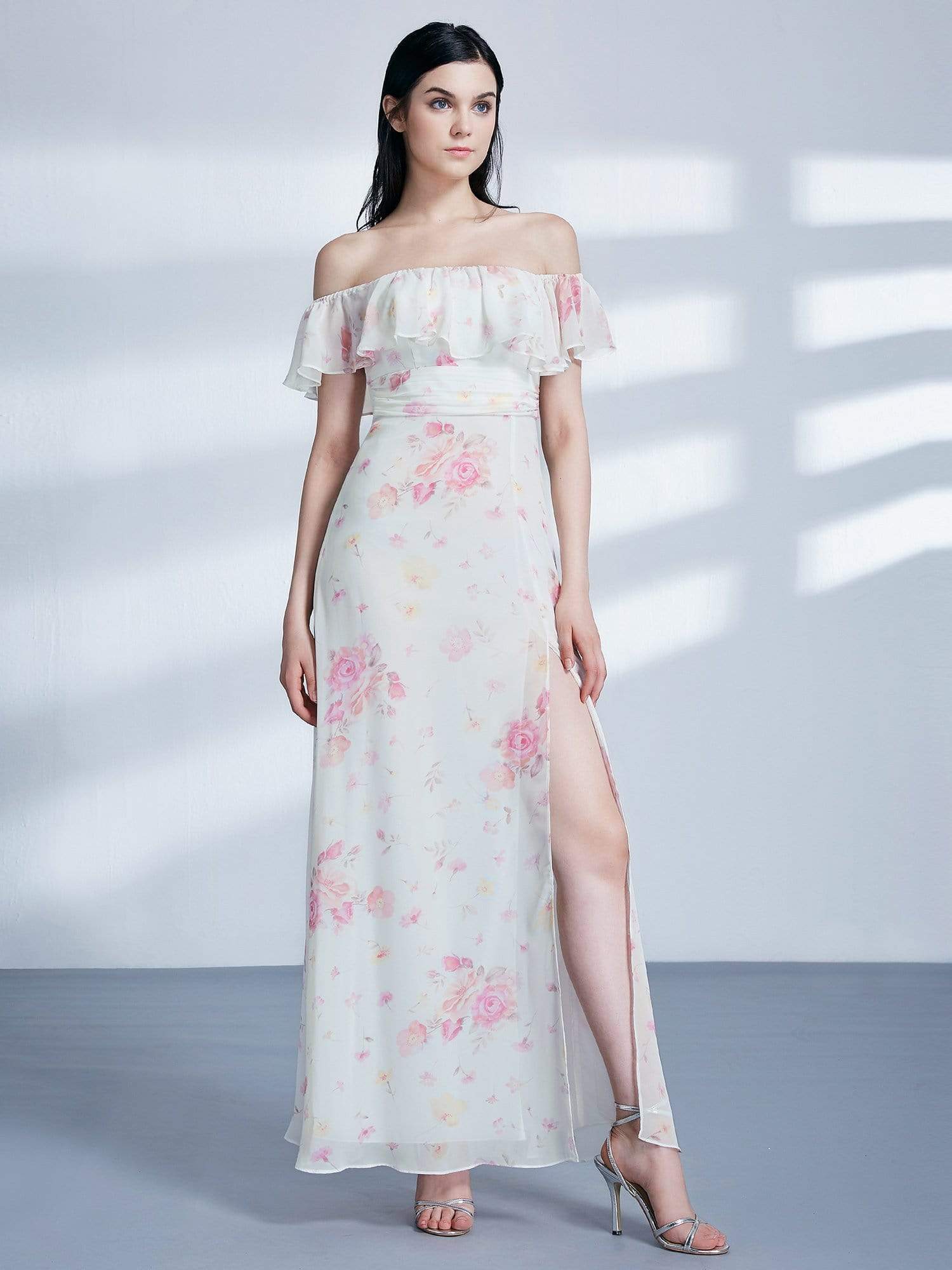 Color=Cream | Off Shoulder Floral Print Long Party Dress-Cream 2