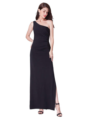 Color=Black | Long Black One Shoulder Evening Dress-Black 2