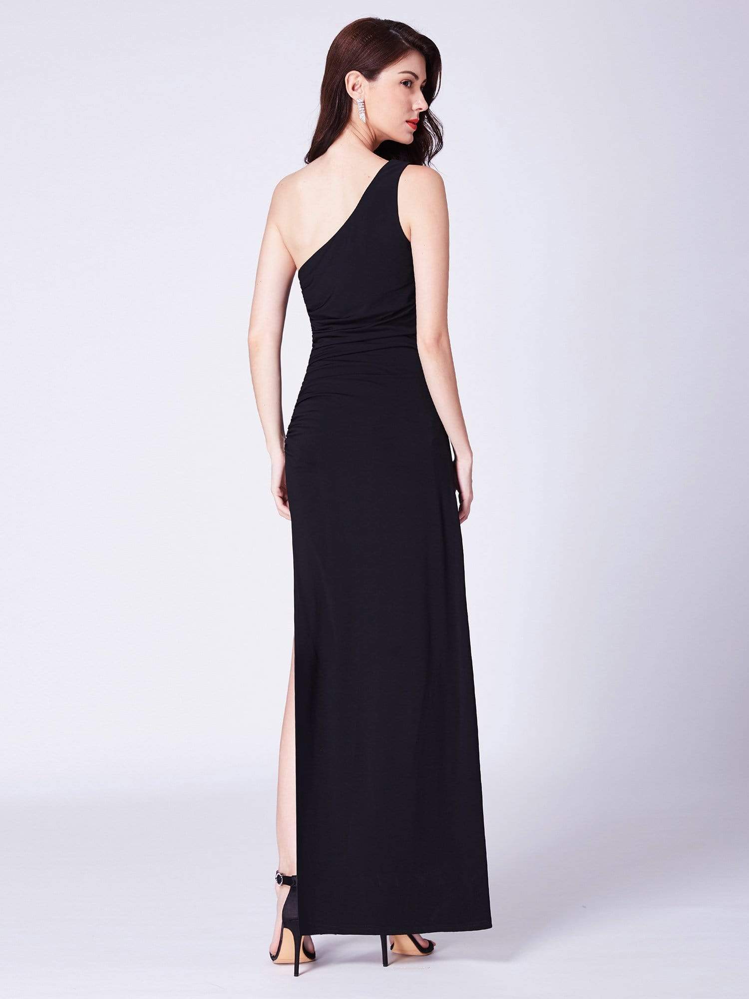 Color=Black | Long Black One Shoulder Evening Dress-Black 3