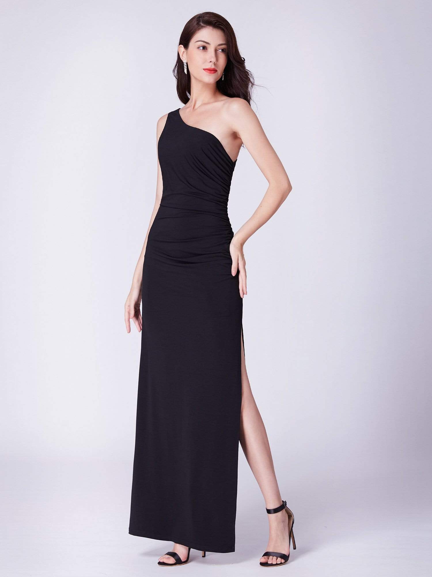 Color=Black | Long Black One Shoulder Evening Dress-Black 4