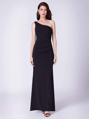 Color=Black | Long Black One Shoulder Evening Dress-Black 5