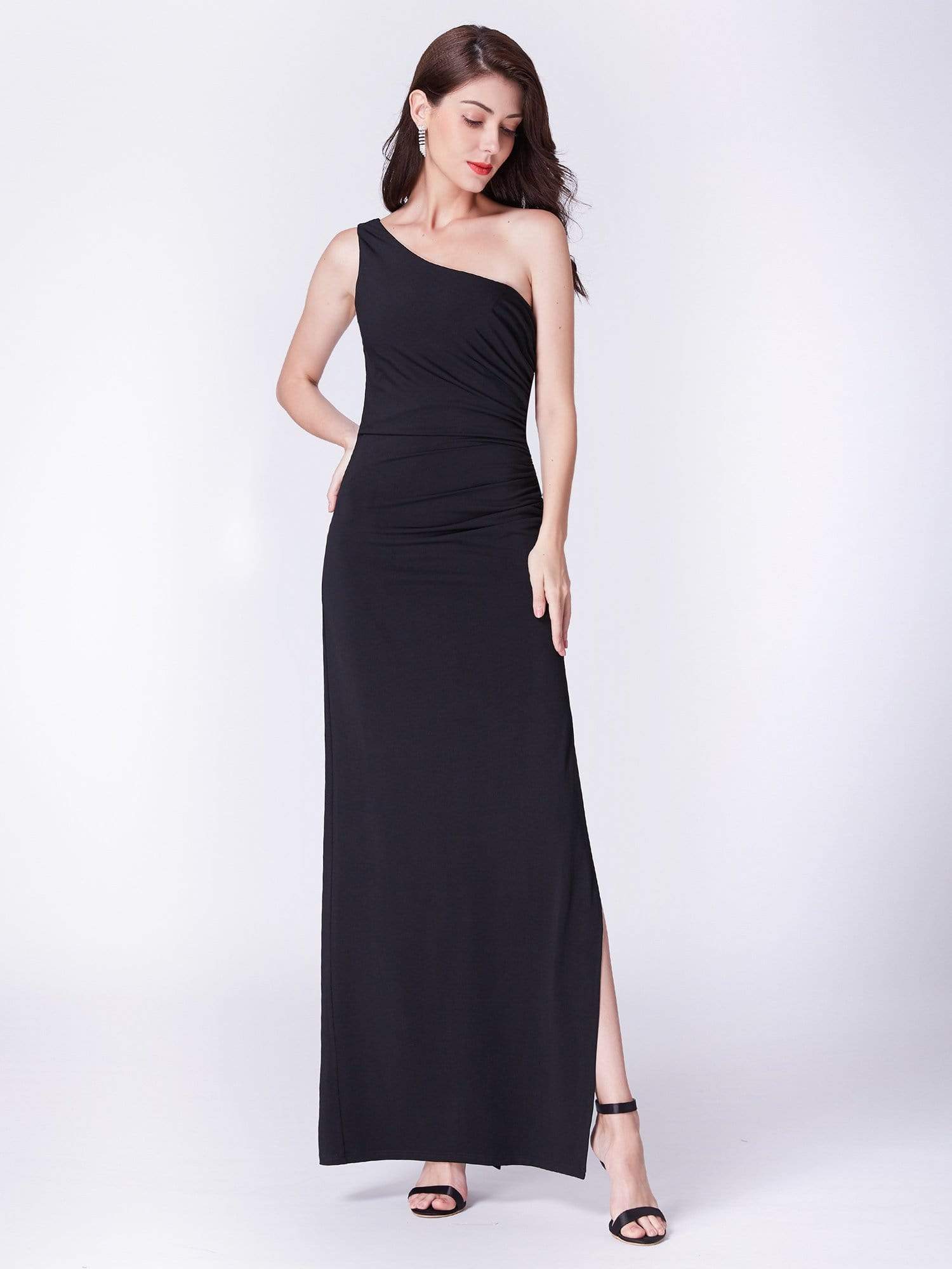 Color=Black | Long Black One Shoulder Evening Dress-Black 1